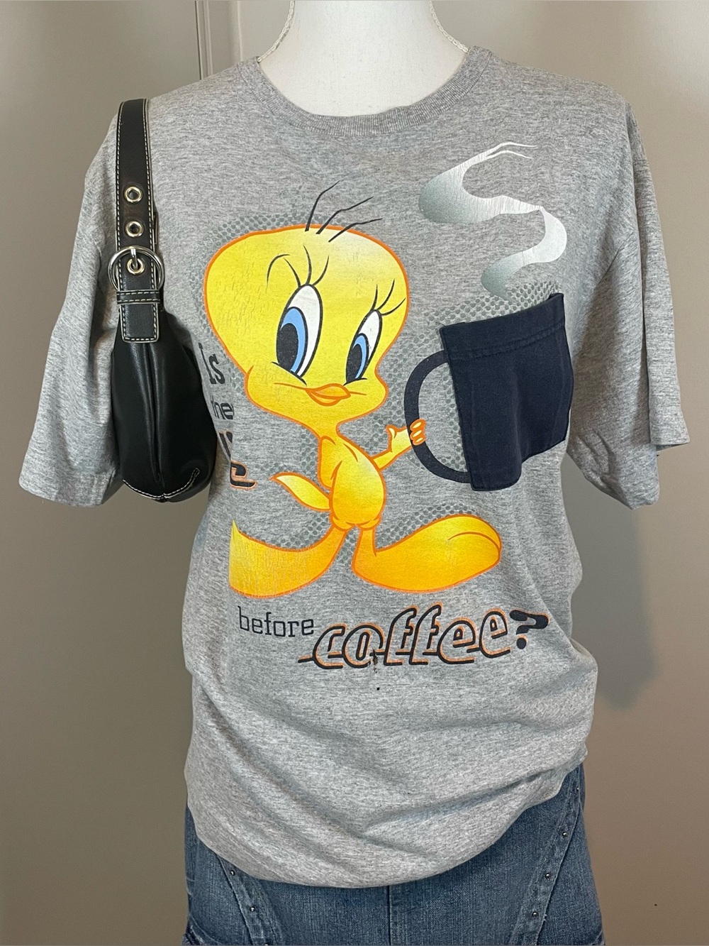 Vintage Tweety Bird Looney Tunes Coffee Grey Small Graphic T-shirt